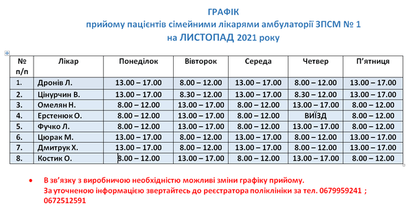 Графік роботи на листопад